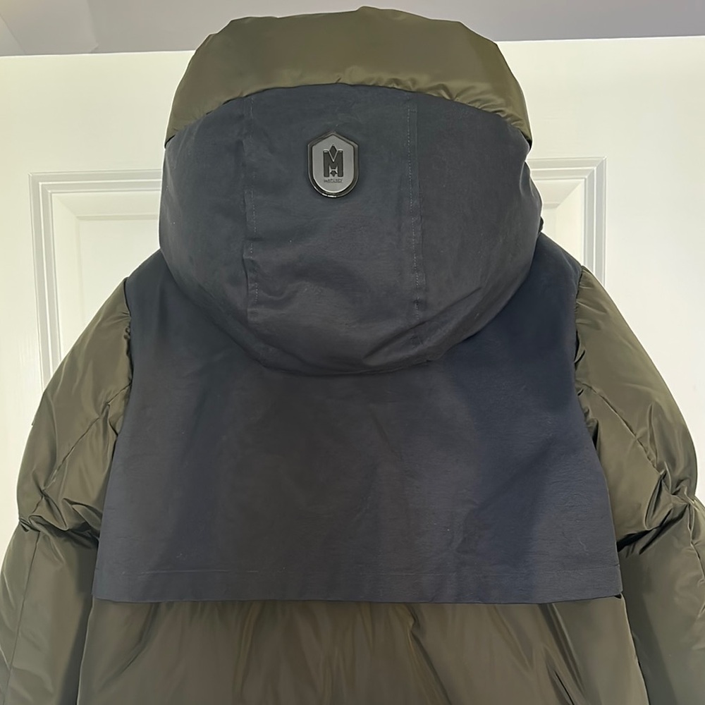 Mackage Inari-o Down Coat Two Tone Puffer Jacket Navy Green Mixed Media Parka - Picture 9 of 17
